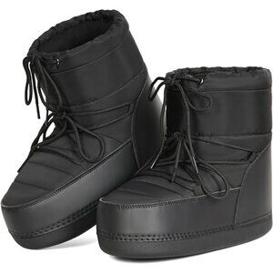 Women's Black Winter Snow Boots Anti-Slip Lace-up Ankle Booties with Lining